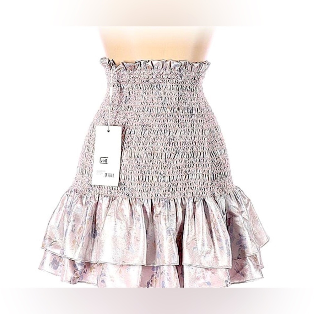 NWT Likely Kenzie Ruffled Mini Skirt. Metallic Floral Silver. Size XS